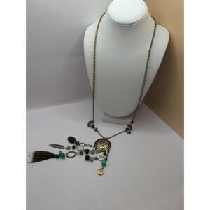 Vintage 1946 Turquoise Fringe Tassel Fabric Charm Beaded Necklace